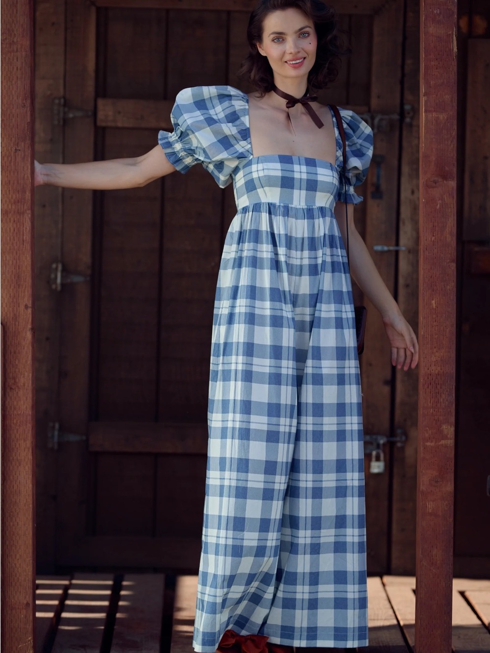 Selkie Tea Towel Jumpsuit - NWT - S - Blue Plaid Puff-Sleeve Jumpsuit